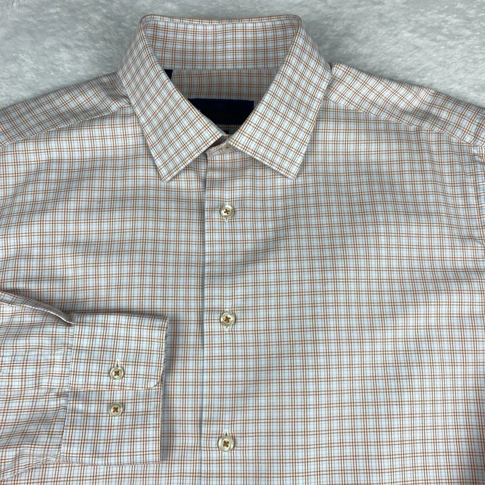David Donahue Dress Shirt Mens 16.5-34/35 Orange/Blue Checks Trim Fit
